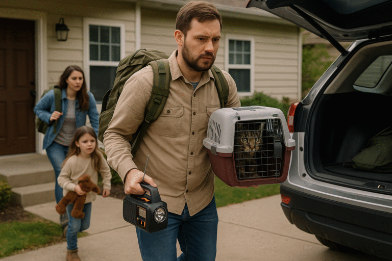 Family avoiding emergency evacuation mistakes by leaving with go-bags, pet carrier, and emergency radio.