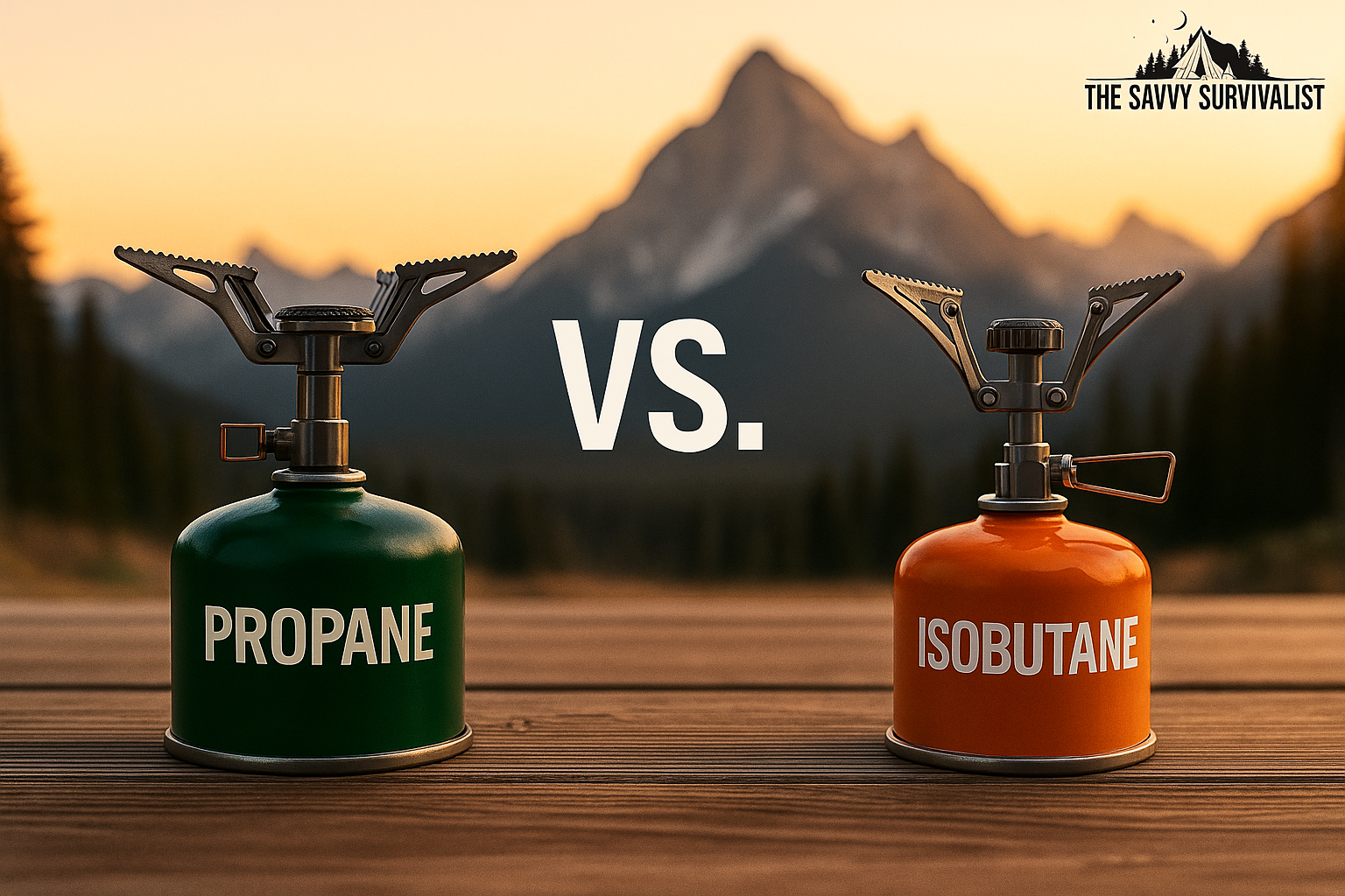 Two compact camping stoves sit on a wooden surface at sunset, one with a green propane canister and the other with an orange isobutane canister, with a mountain peak in the background.
