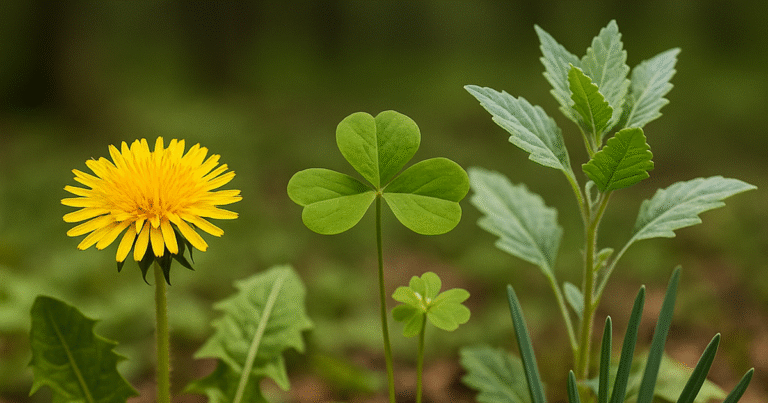 Dandelion, wood sorrel, chickweed, lamb’s quarters, and wild onion growing on a forest floor, shallow depth of field.