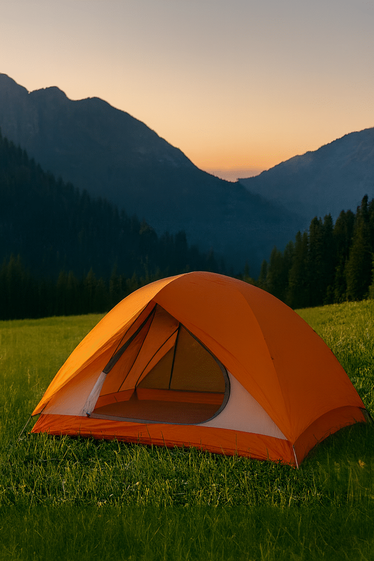 Bright orange two-person tent set up on a grassy meadow at sunset, with forested mountains in the background and a warm golden glow in the sky.