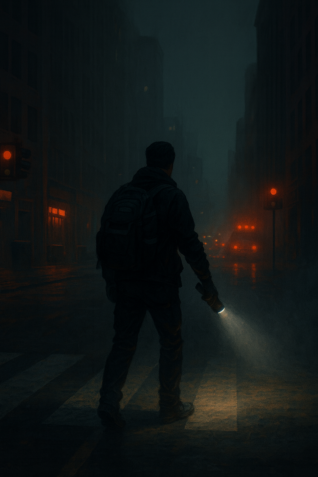 Urban survival image showing a lone figure with a backpack and flashlight walking through a dark city street during a blackout, with emergency lights in the distance.